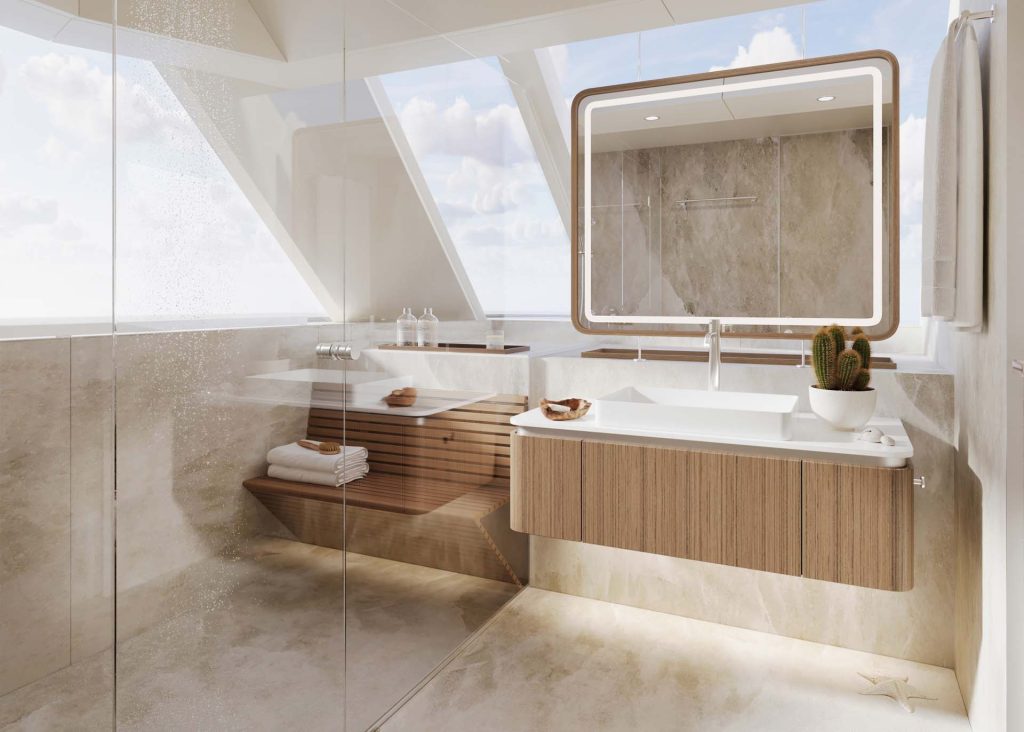 Łazienka Sunreef Yachts posiada nowoczesny design z dużymi oknami, marmurowym wykończeniem, przestronną szklaną kabiną prysznicową, drewnianą toaletką z prostokątnym lustrem i ozdobną doniczką z kaktusem.