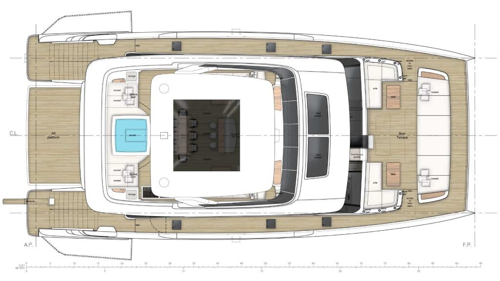 100sp_layouts-01 Techniczny schemat luksusowego katamaranu Sunreef Yachts, przedstawiający plan pokładu i układ.