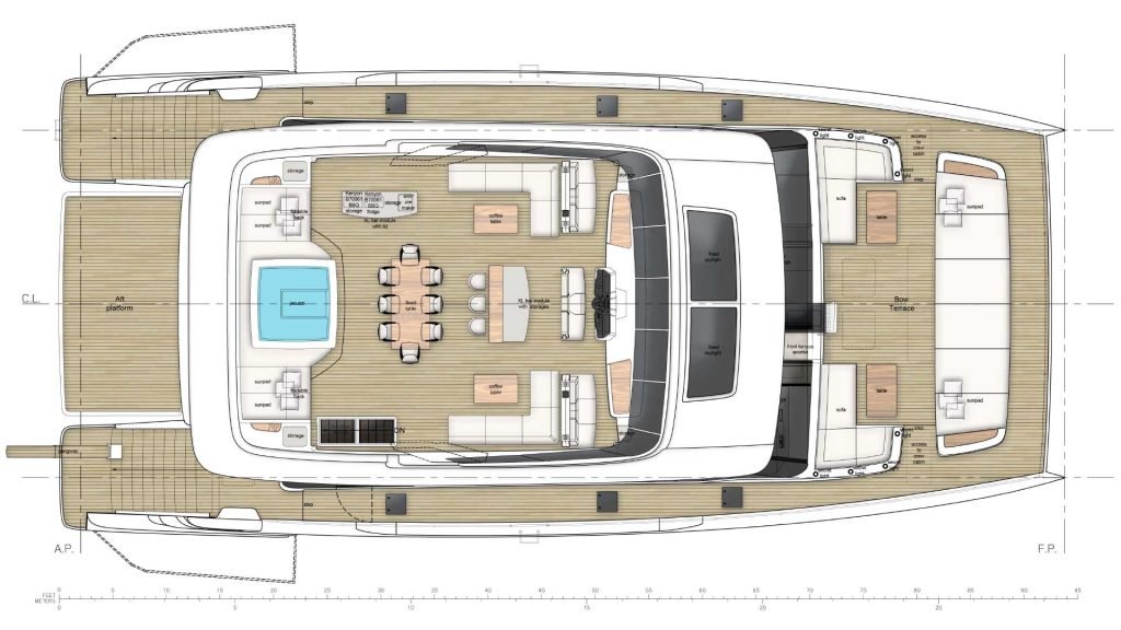 100sp_layouts-02 Plan luksusowego katamaranu Sunreef Yachts z widokiem z góry, przedstawiający pokłady, pomieszczenia i układ mebli.