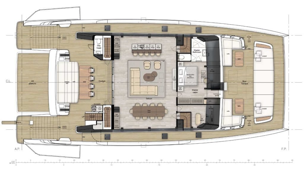 100sp_layouts-03 Techniczny plan luksusowego katamaranu Sunreef Yachts ukazujący układ pokładów i przedziałów wewnętrznych z widoku z góry.