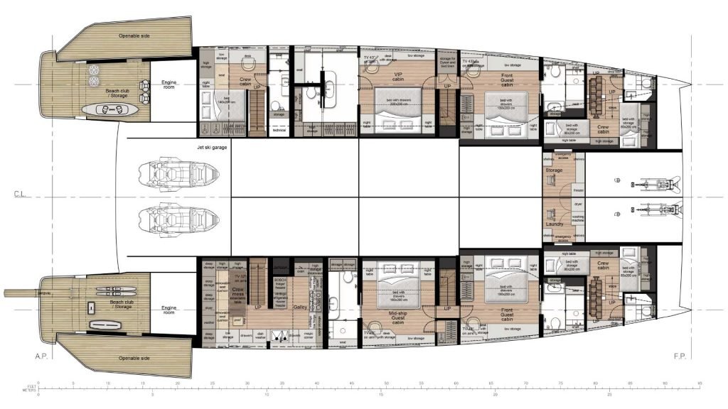 100sp_layouts-04 Techniczny rzut z góry układu katamaranu Sunreef Yachts, pokazujący różne kabiny i pomieszczenia.