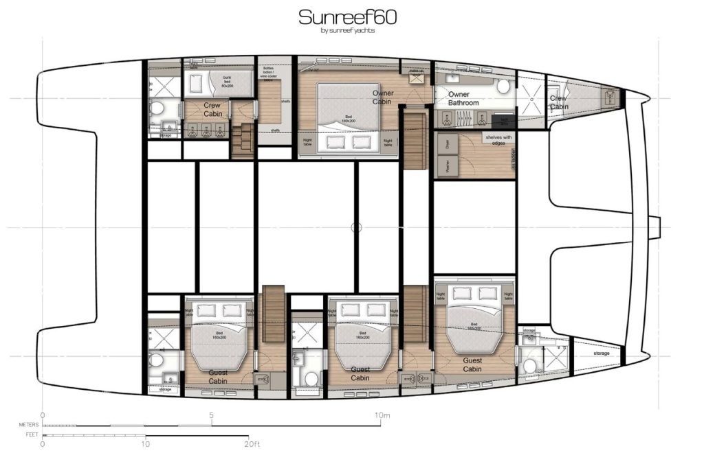 dawn-hulls Plan jachtu Sunreef 60 przedstawiający różne kabiny, salon, kuchnię i łazienki.