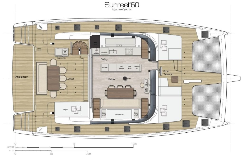 dawn-layout-deck Plan jachtu Sunreef 60 przedstawiający rozkład pokładu i wnętrza, w tym kuchnię, salon, taras dziobowy i platformę rufową.