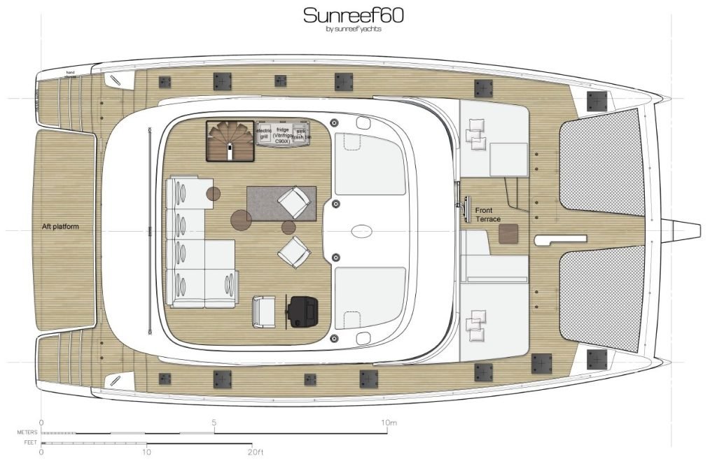 dawn-layout-flybridge Plan jachtu Sunreef 60 przedstawiający układ pokładów i pomieszczeń wewnętrznych, w tym platformę rufową i taras przedni.
