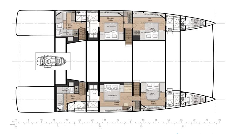 image (22) Szczegółowy plan piętra katamaranu Sunreef Yachts, ukazujący różne pomieszczenia i udogodnienia. Układ obejmuje wiele kabin, kuchnię, łazienki i kwatery dla załogi. Projekt ilustruje przestronną i zorganizowaną strukturę jachtu.