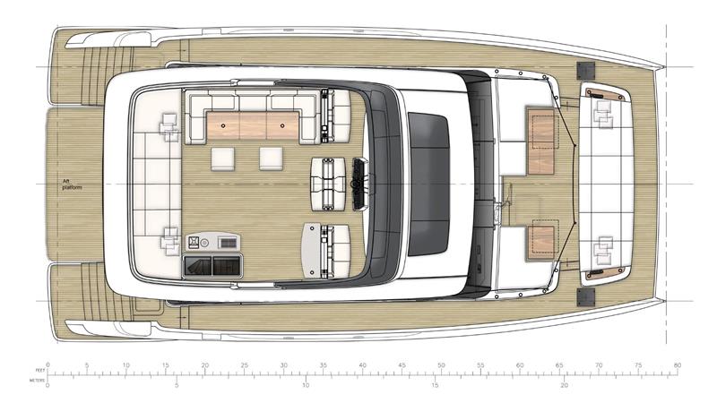 image (24) Plan pokładu katamaranu Sunreef Yachts, z obszerną częścią wypoczynkową, stołem obiadowym i sterówką. Obraz pokazuje szczegółowe wymiary i rozmieszczenie mebli.