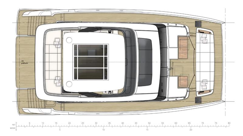 image (25) Widok z góry rysunku technicznego katamaranu Sunreef Yachts, pokazujący układ z różnymi sekcjami, w tym przestrzenie otwarte i struktury na pokładzie.