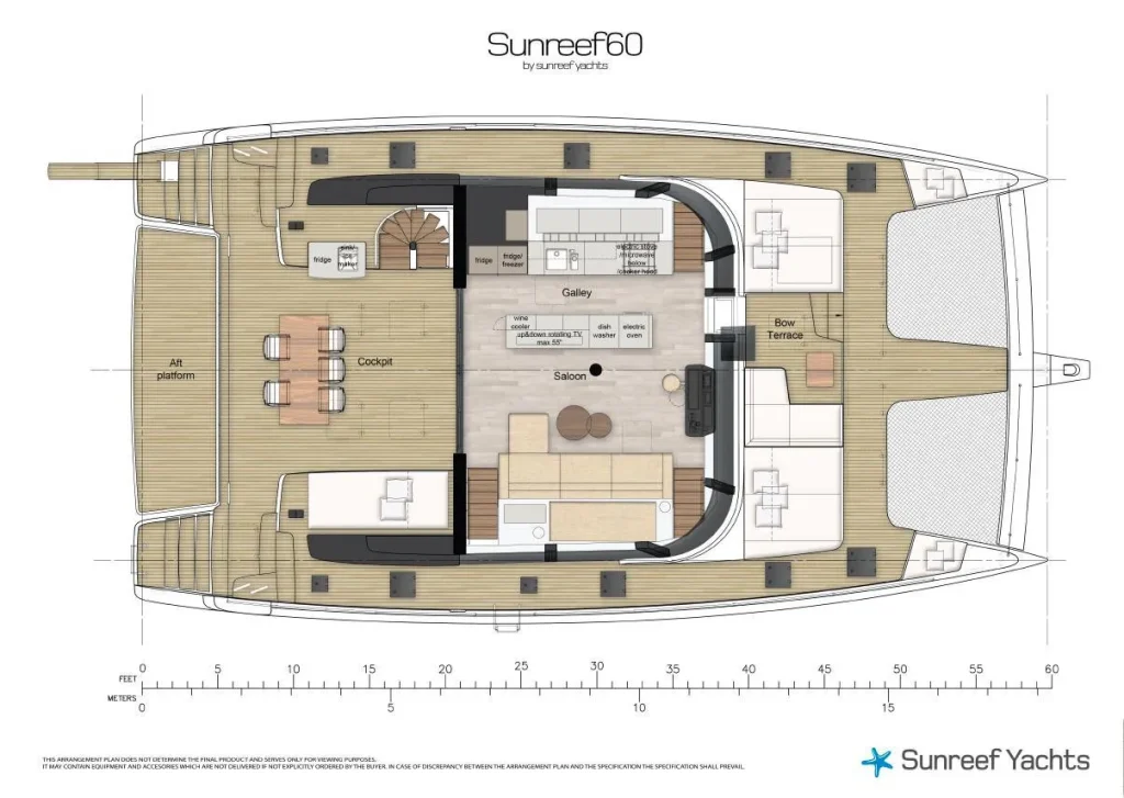 img87.jpg Floor plan of a Sunreef Yachts sailboat, specifically the Sunreef 60 model, showing various areas like the cockpit, saloon, and galley, alongside terraces and stairs.