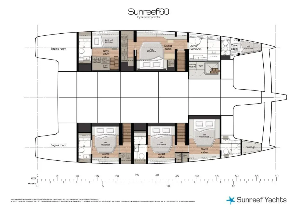 img90.jpg A blueprint of the Sunreef Yachts Sunreef 60 catamaran, showing the layout of the yacht's interior with guest cabins, bathrooms, and engine rooms.