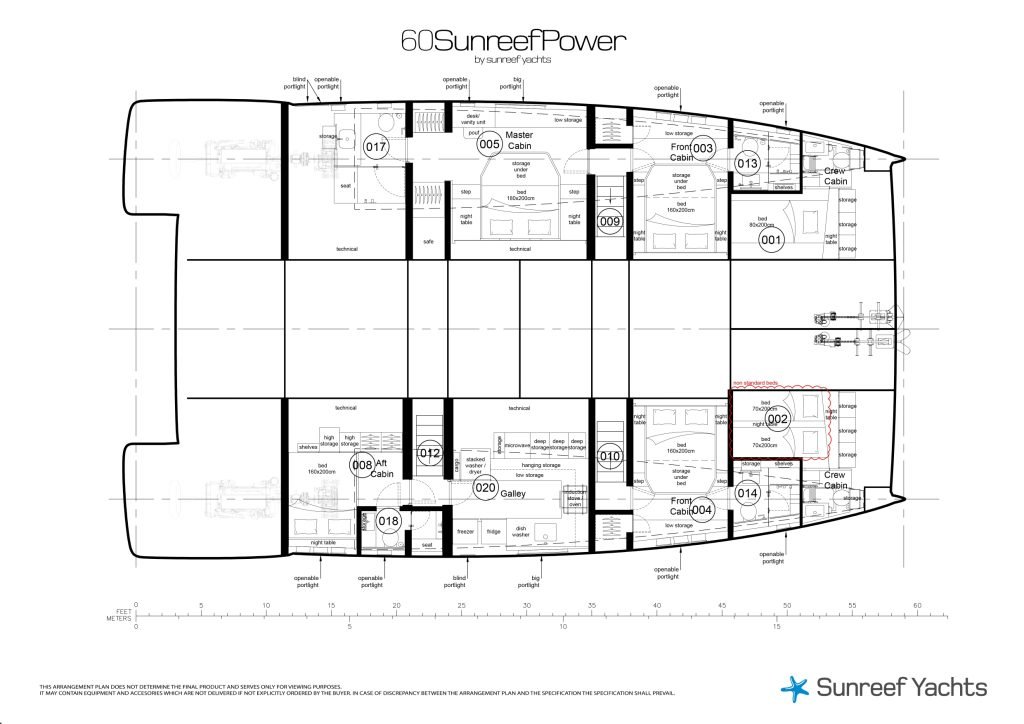 60P14.YD.layout.REV06_page-0001 A detailed layout diagram of the 60 Sunreef Power by Sunreef Yachts. It shows various sections including the main cabin, guest cabins, bathroom, mechanical room, and stairs.