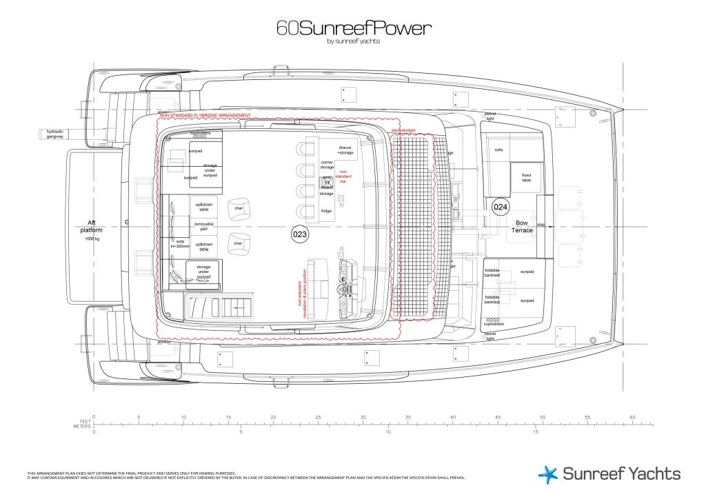 60P14.YD.layout.REV06_page-0003 Blueprint of the Sunreef Yachts 60 Sunreef Power catamaran, showing the layout of the flybridge, including seating and navigation areas.