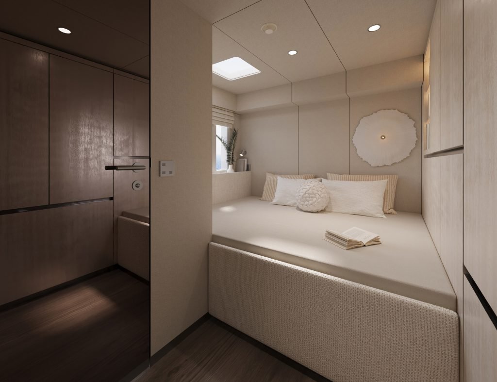 The image shows the interior of a Sunreef Yachts cabin with a neatly made bed, an open book on the bed, and elegant, muted decor.