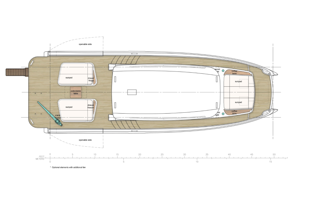 sunreef-ultima-55-layout-1 A top-down schematic of a Sunreef Yachts boat design, featuring a spacious deck layout with various labeled areas.