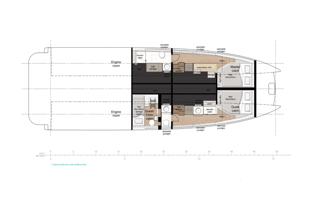 sunreef-ultima-55-layout-3 A detailed floor plan of a Sunreef Yachts catamaran showcasing various rooms. The layout includes areas labeled as 'engine room', 'watercloset', 'galley', 'guest cabin', and 'master cabin'. The plan is annotated with different measurements and features a scale at the bottom.
