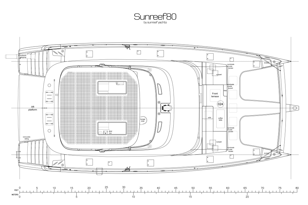 sunreef-80-eco-layout-1 Blueprint drawing of a Sunreef 80 yacht by Sunreef Yachts, showing a top-down view with detailed layout plans and measurements.