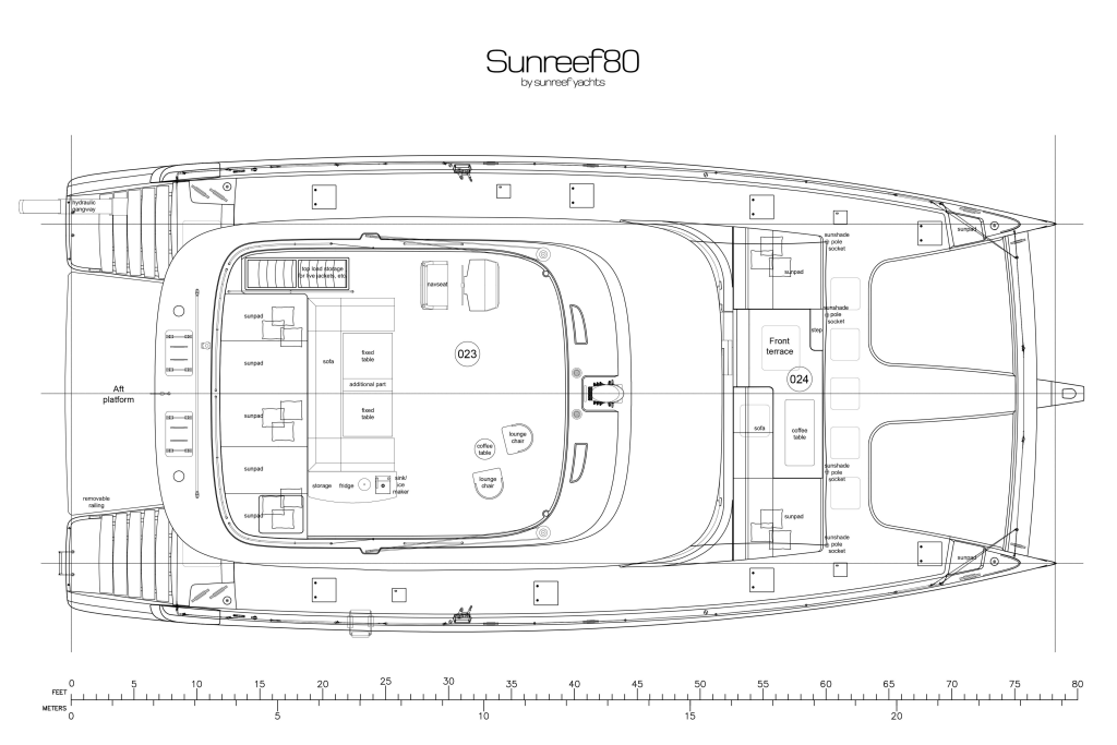 sunreef-80-eco-layout-2 Blueprint of the Sunreef Yachts Sunreef 80 featuring the layout of a catamaran with labeled areas such as salon, galley, and cabins.