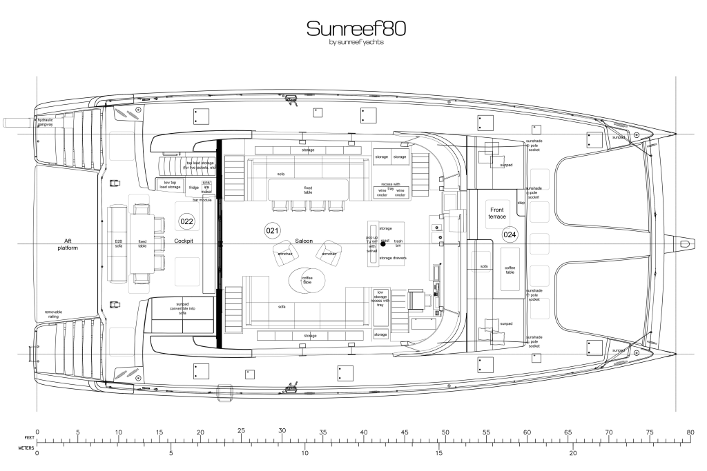 sunreef-80-eco-layout-3 This is a blueprint of a Sunreef Yachts 80 catamaran. The layout includes various sections such as guest cabins, a salon, a front terrace, and a cockpit. There are also a lounge area and a jet ski platform.
