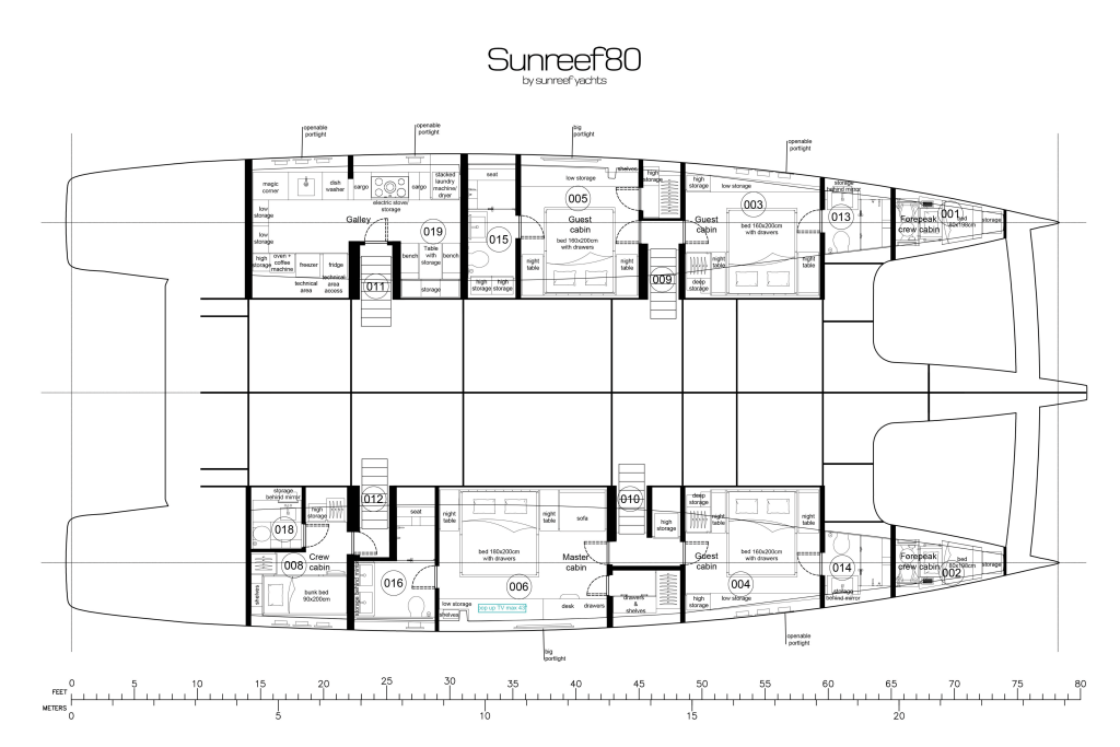 sunreef-80-eco-layout-4 Deck plan of a luxury catamaran titled 'Sunreef 80 by Sunreef Yachts', showing various sections and rooms labeled with numbers.