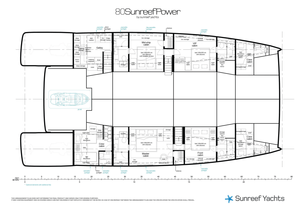 80P35.YD.layout.REV05 (4)_Page_1 Blueprint of a Sunreef Yachts 80 Sunreef Power catamaran, showing detailed layout including cabins, galley, salon, and crew quarters.