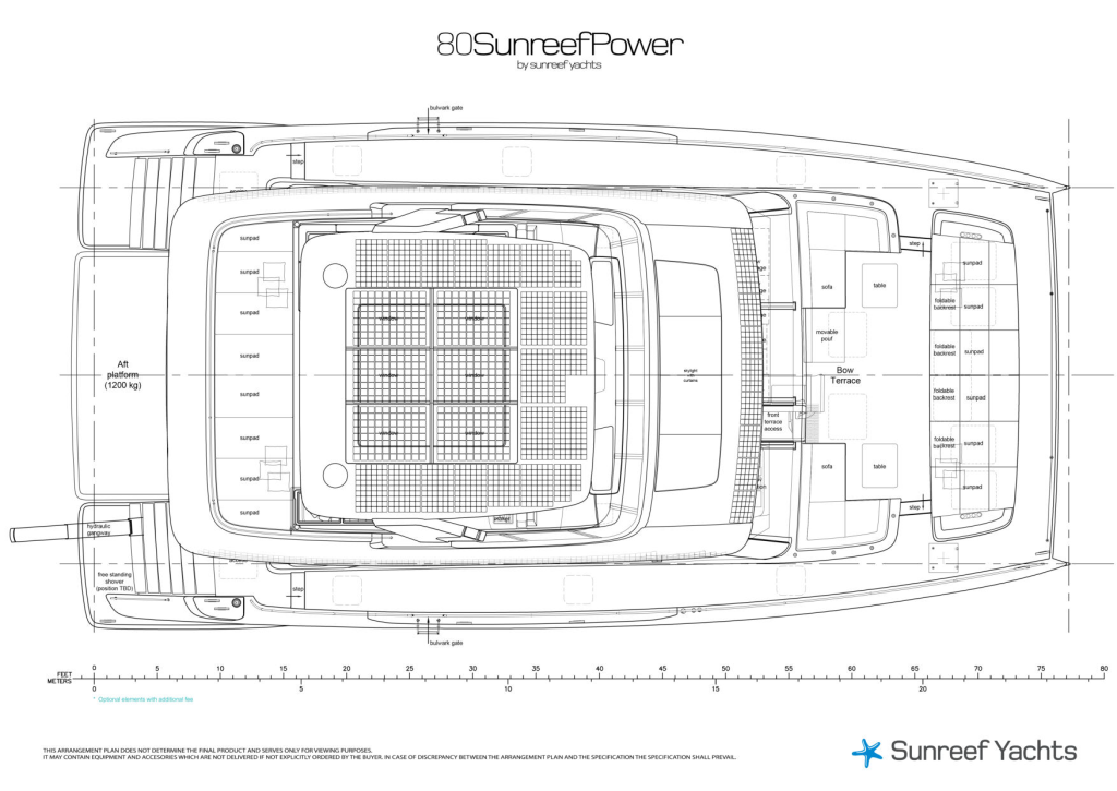 80P35.YD.layout.REV05 (4)_Page_4 The blueprint outlines the Sunreef Yachts 80 Sunreef Power vessel, displaying various sections and measurements. The top view reveals the layout including decks and compartments.