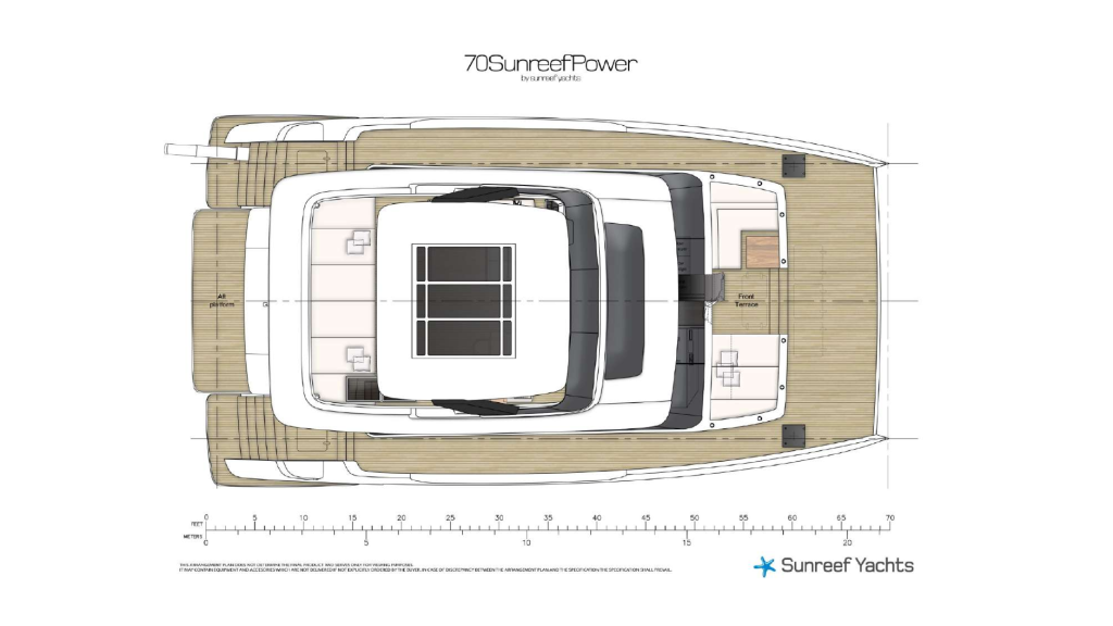 Bikiny-layout-1 Top view schematic of a 70 Sunreef Power yacht by Sunreef Yachts, featuring detailed deck design and layout.