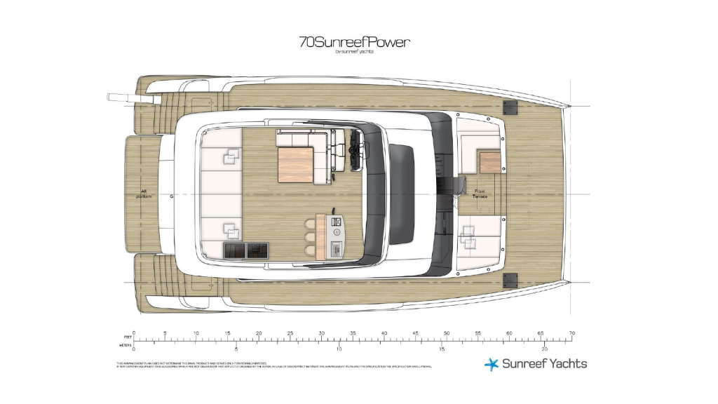 Bikiny-layout-2 Top view layout of a 70 Sunreef Power yacht with detailed deck plan and Sunreef Yachts logo.